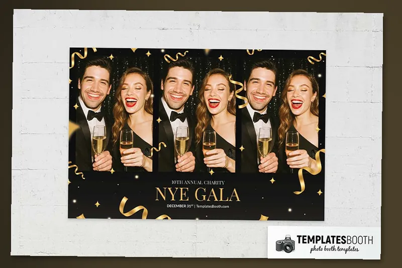 NYE Gala photo booth template: landscape print with three adjacent photos above gold gala text