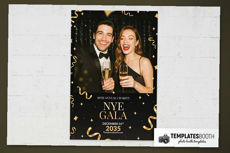 NYE Gala photo booth template: portrait print with one photo above black and gold gala text
