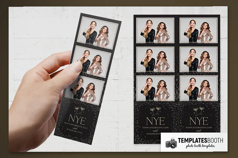 NYE Sparkles photo booth template (champagne coupes and sparkles): three-photo black NYE strip held beside matching strips