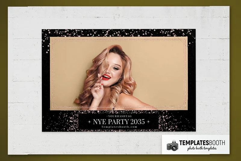 NYE Sparkles photo booth template (circular sparkle ring footer): landscape layout with one photo above NYE PARTY banner