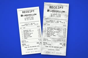 Two overlapping receipt designs with black itemized text, one smooth and one crumpled, on a blue background