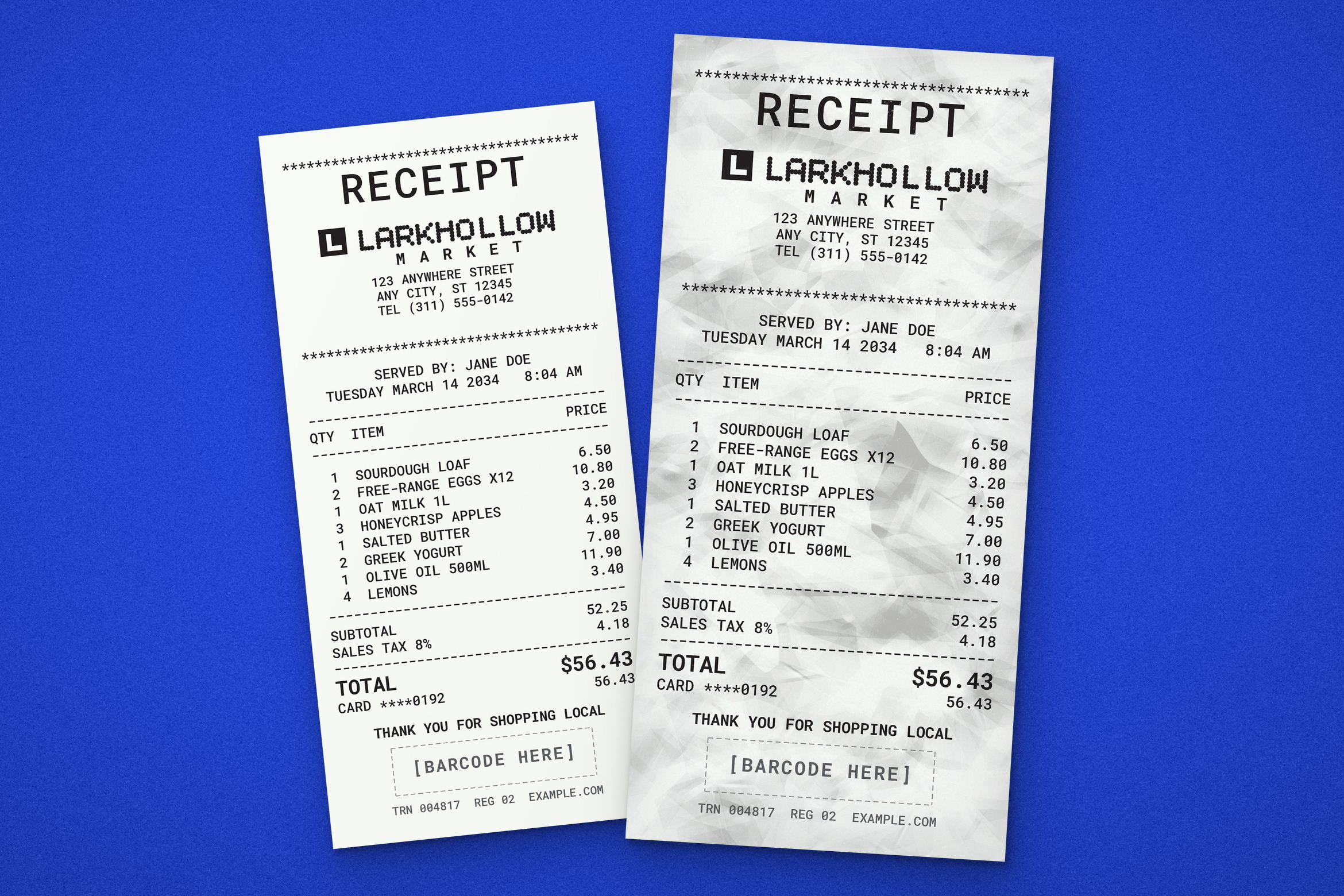 Two overlapping receipt designs with black itemized text, one smooth and one crumpled, on a blue background