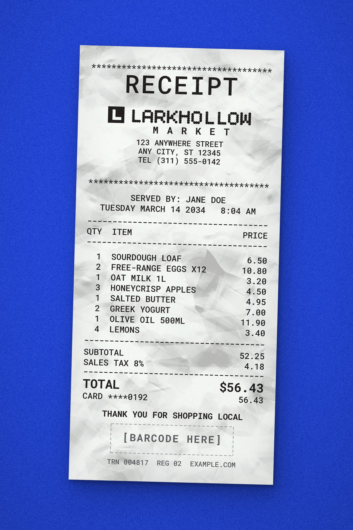 Tall grocery receipt with black itemized columns on crumpled white paper against a vivid blue background