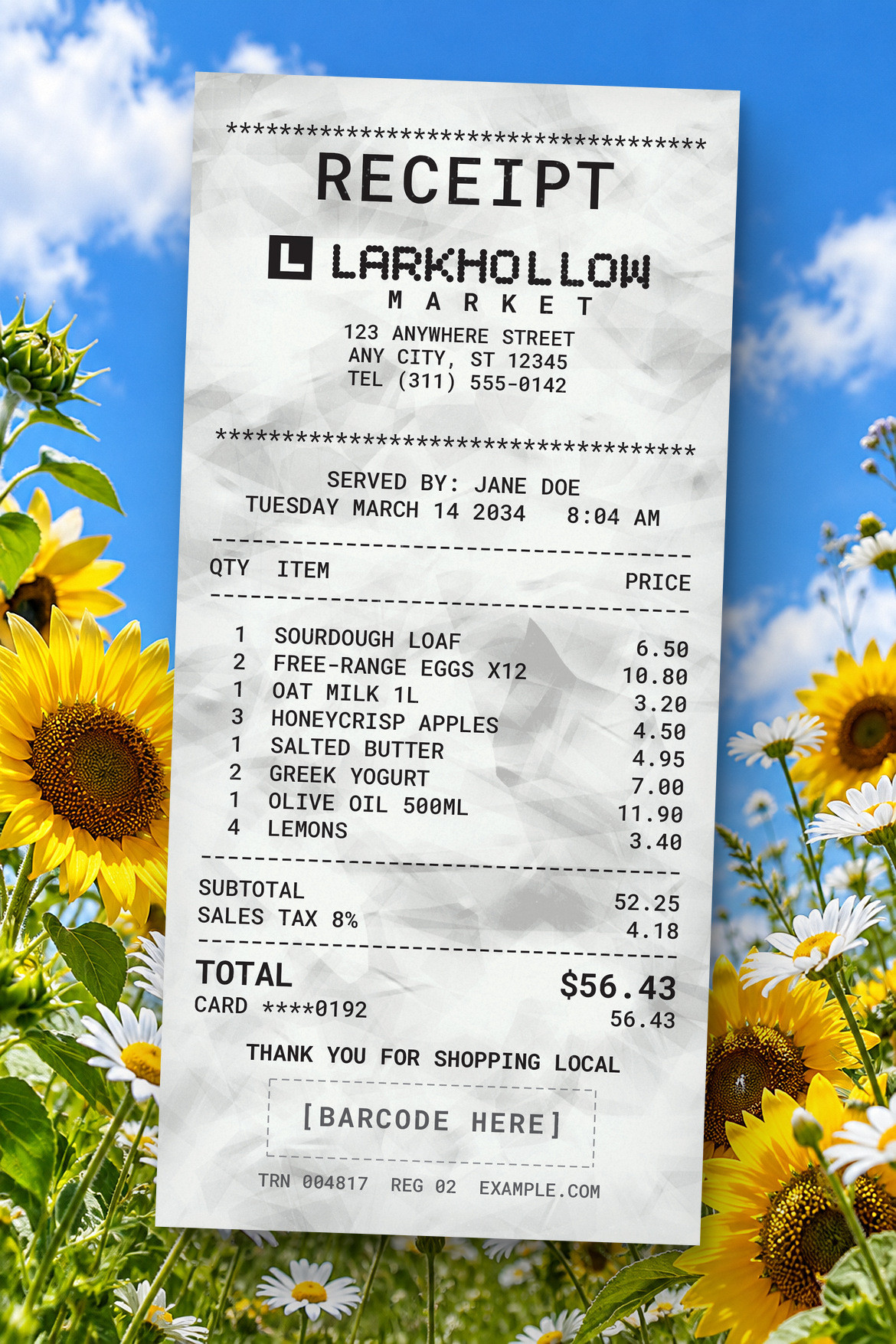Tall crumpled receipt with black itemized text, framed by sunflowers and daisies against a blue sky