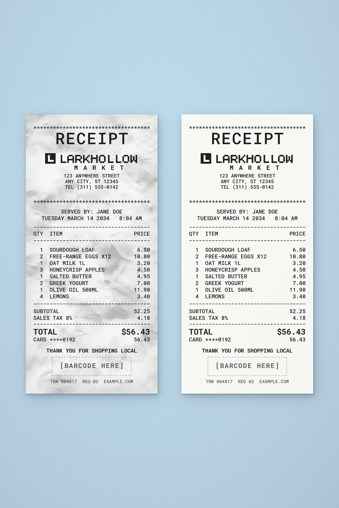 Two grocery receipts side by side, one crumpled and one smooth, with black monospaced text on blue