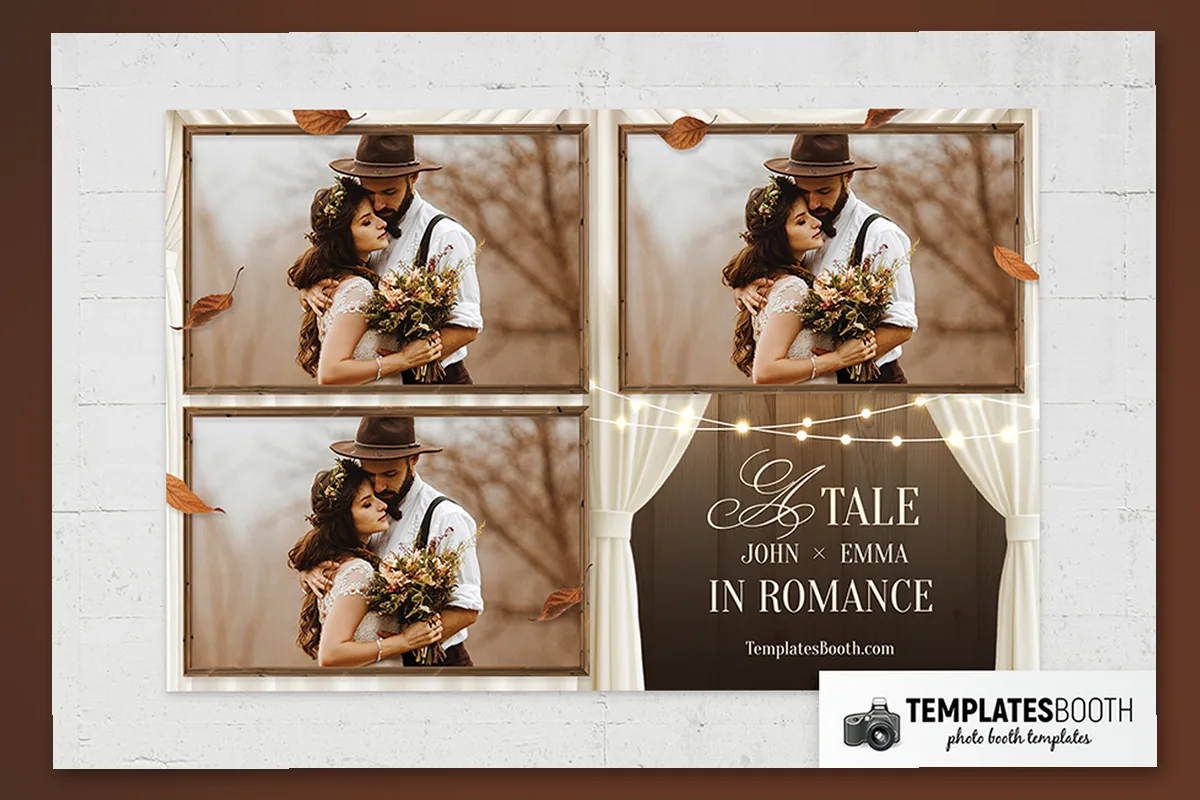 Rustic barn wedding photo booth template with ivory curtains, wood-effect frames, brown leaves and fairy lights