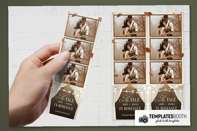 Rustic Barn Wedding photo booth template: three-photo wedding strip held beside two matching strips