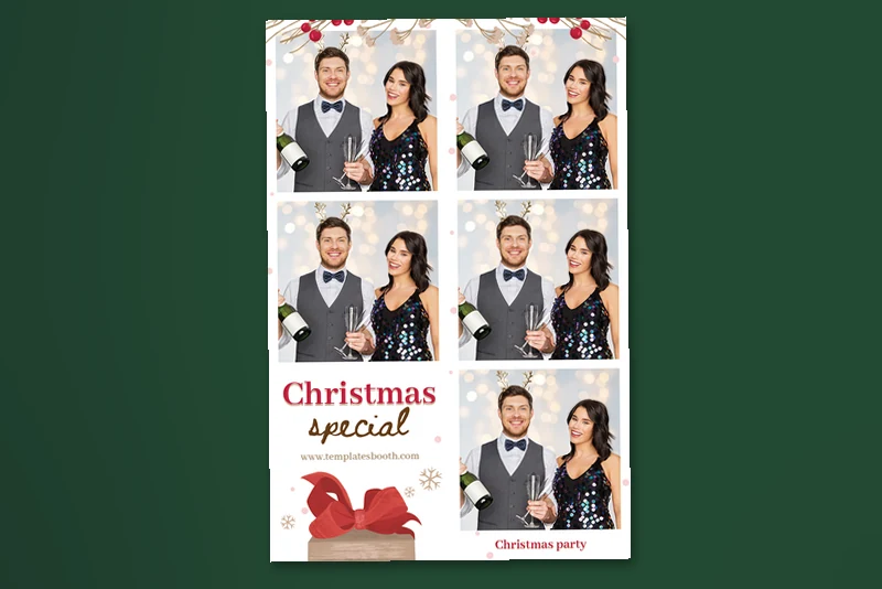 Rustic Christmas photo booth template: portrait layout with five photos, Christmas greeting, and red bow