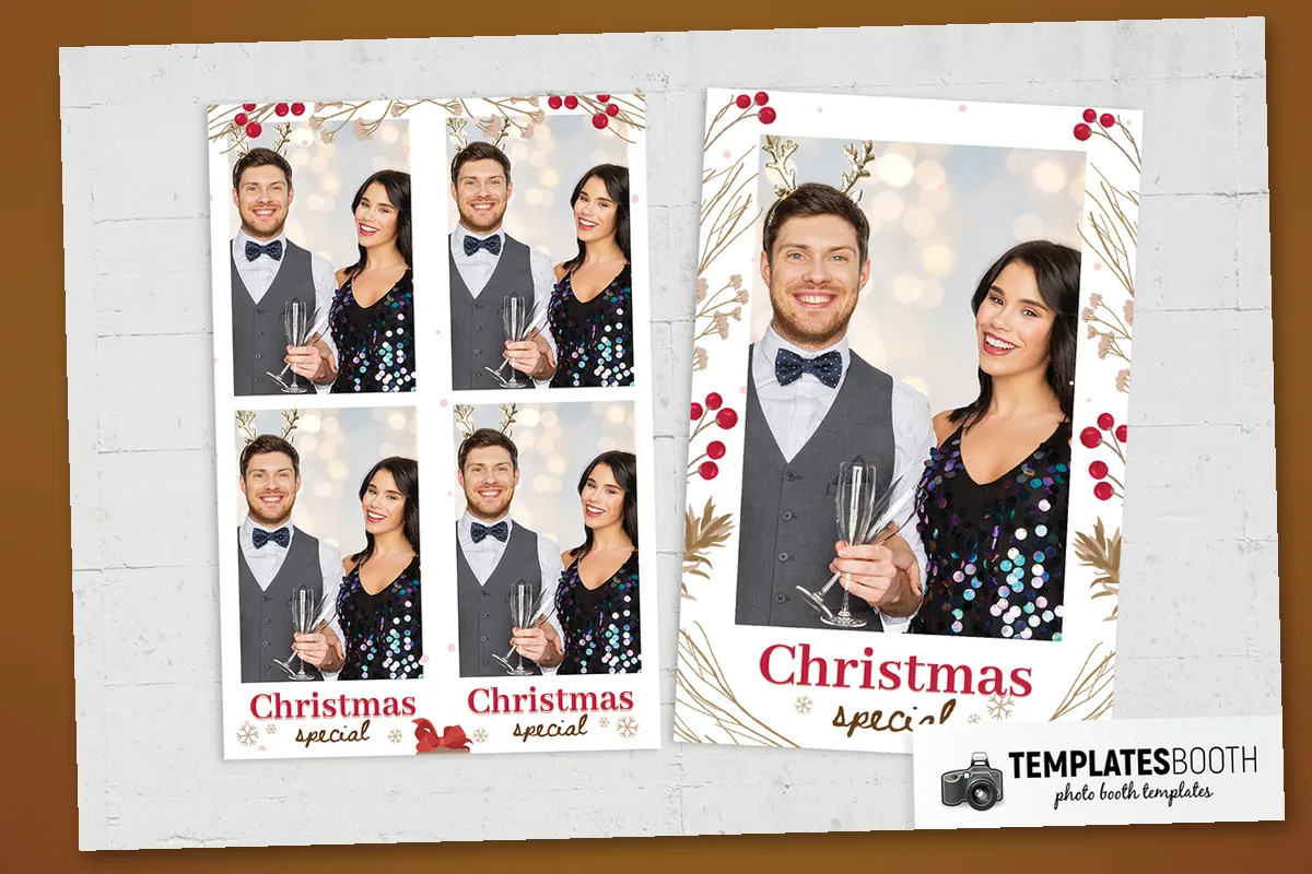 Rustic Christmas photo booth strip with brown berry twigs, tan snowflakes and a wood-textured gift box with red bow