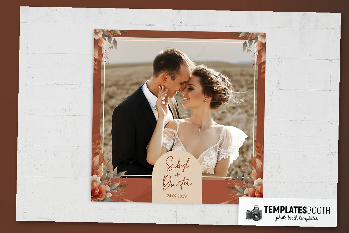 Rustic orange wedding photo booth template with watercolor flowers, cream photo borders and a rounded name panel