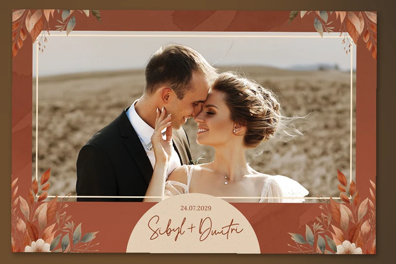 Rustic Orange photo booth template: landscape layout with one photo and floral borders