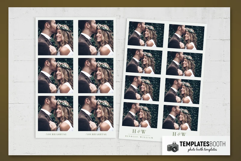 Sage Wedding photo booth template: three-photo strips beside four-photo strips on a white surface