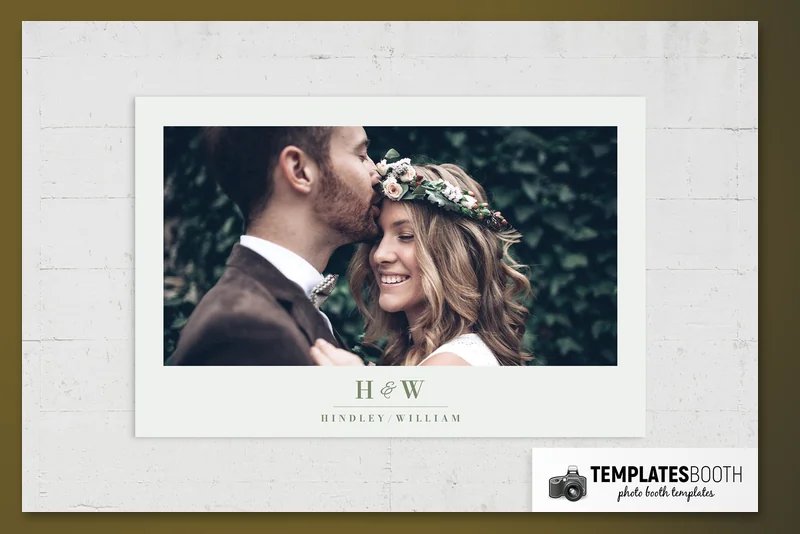 Sage Wedding photo booth template: landscape print with one wide photo above green wedding text