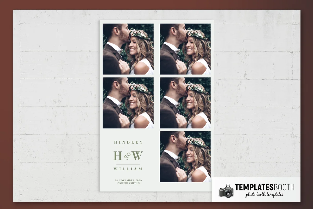 Sage wedding photo strip with two rectangular photos, green serif monogram lettering, and an off-white background