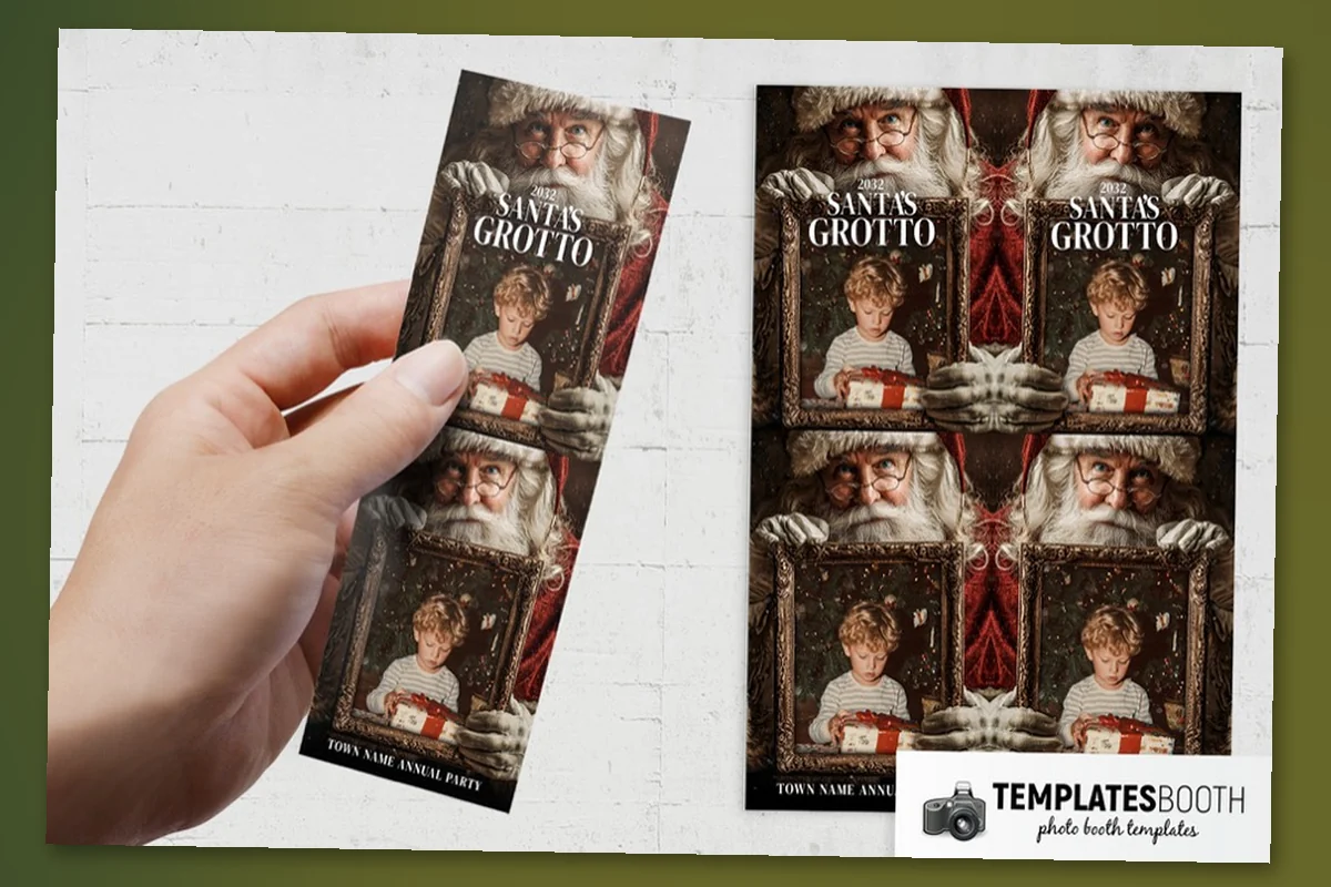 Santa's Grotto photo booth strip with a white-bearded Santa holding ornate gold-brown frames around two photos