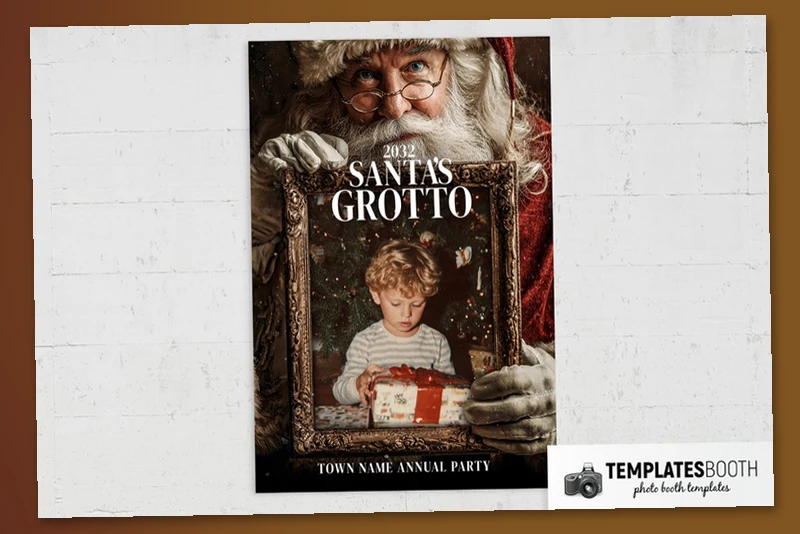 Santa's Grotto photo booth template: portrait Santa-themed print with one framed photo