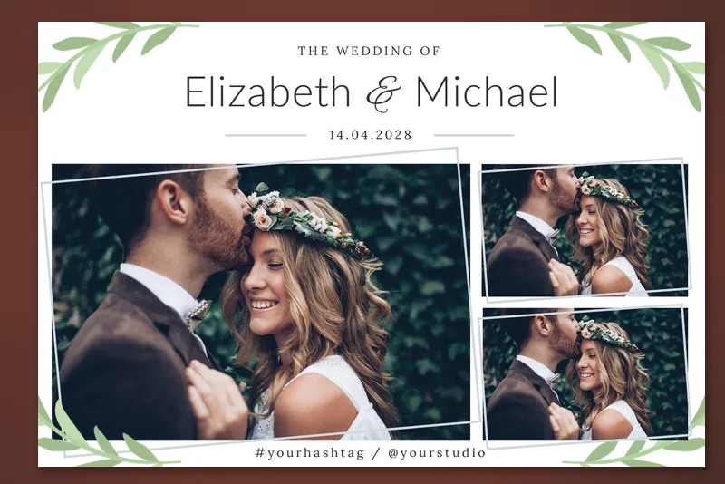 Simple Minimal Photo Booth Template Vol.2 photo booth template: large photo beside two stacked photos beneath wedding names