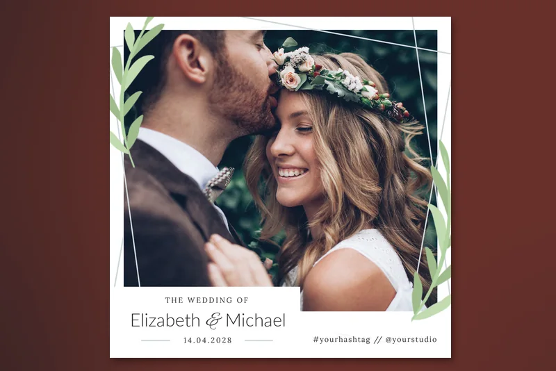 Simple Minimal Photo Booth Template Vol.2 photo booth template: single square wedding photo with green leaves and names