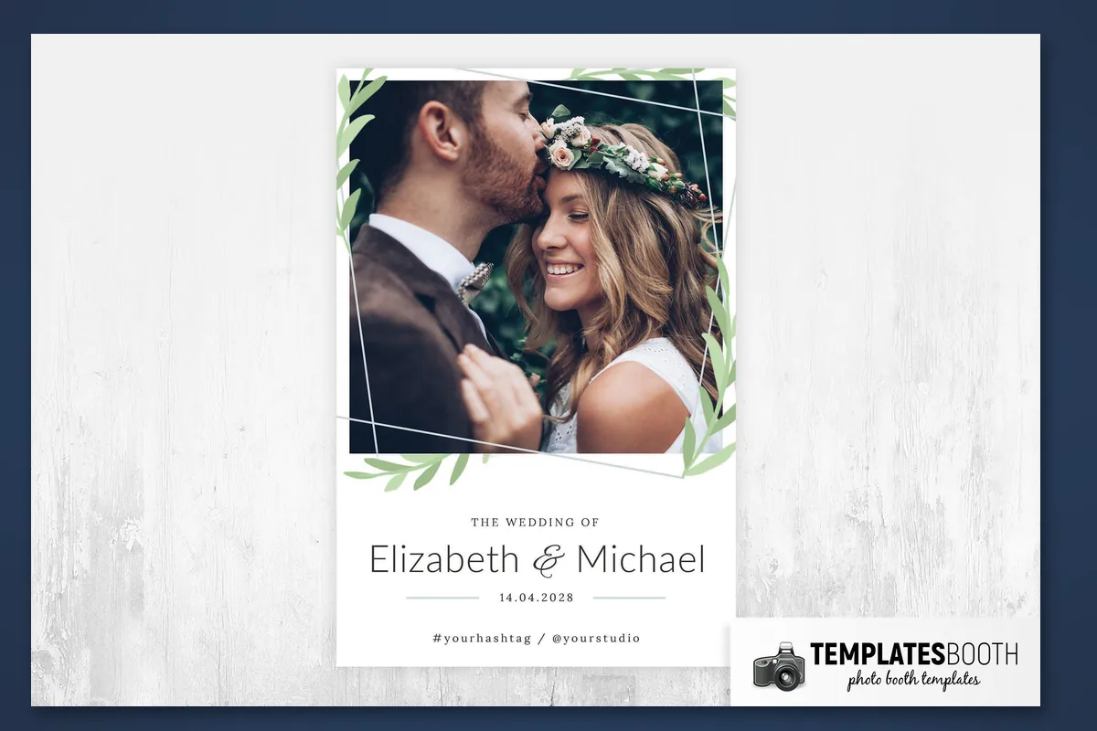 White wedding photo strip with light green sprigs, tilted pale gray outlines, and two stacked photos