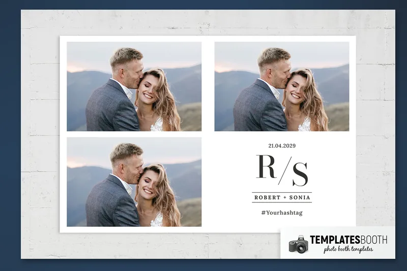 Sleek Minimalist photo booth template: landscape print with three photos and lower-right monogram