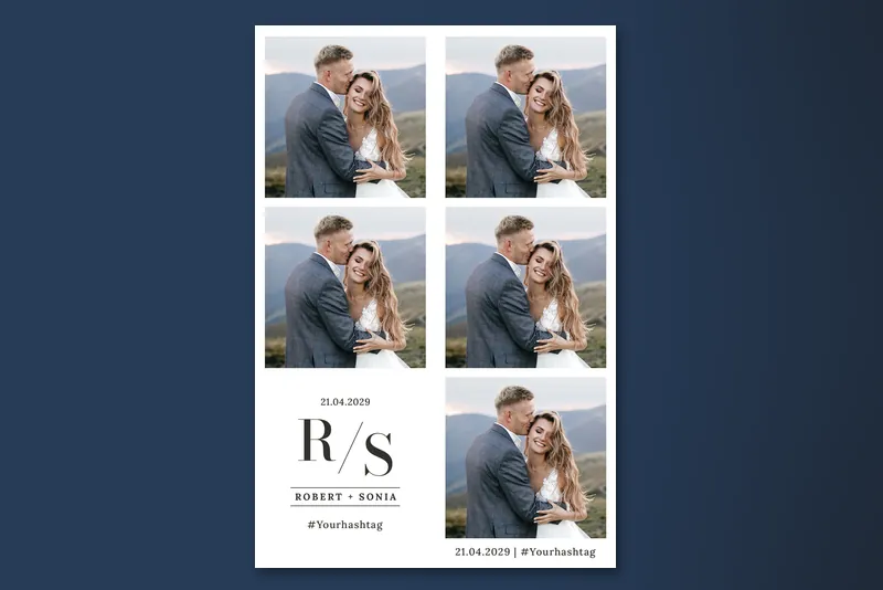 Sleek Minimalist photo booth template: five-photo portrait layout with monogram in lower-left space