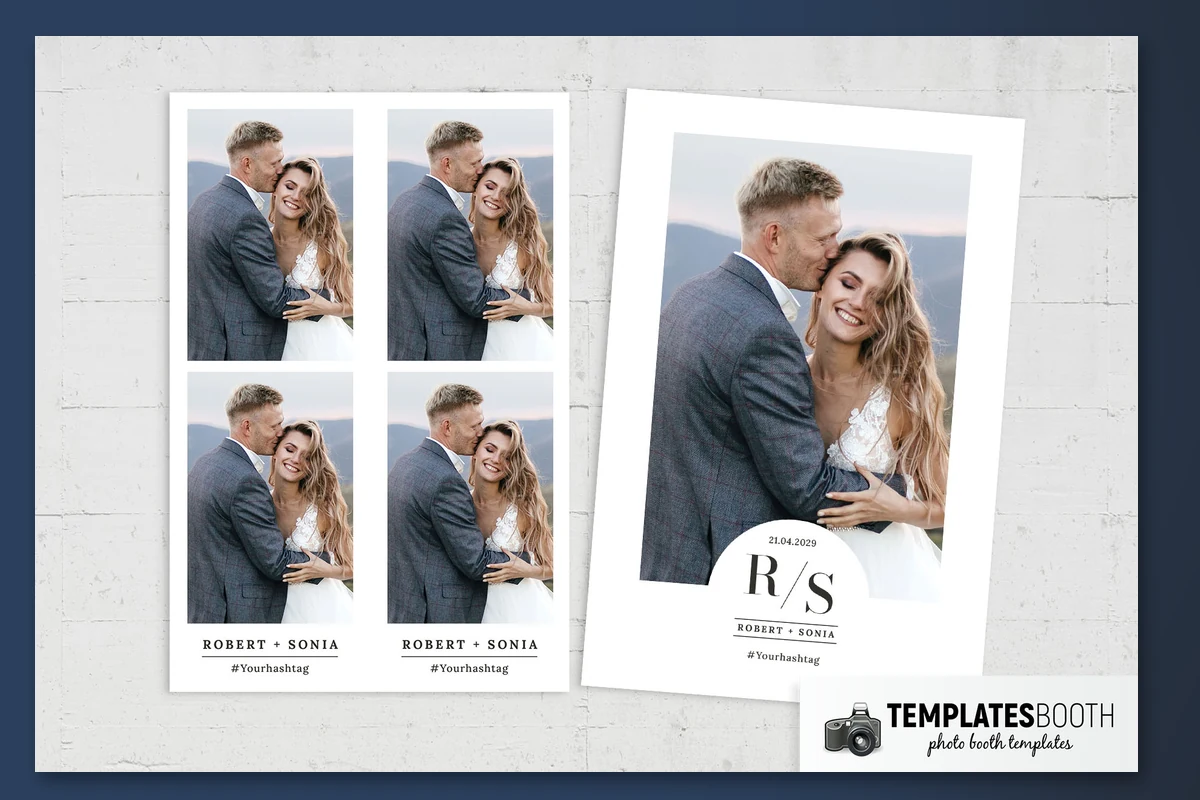 Minimal white wedding photo strip with two square photos, a black serif monogram, and thin horizontal rules