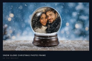 Christmas photo frame with a couple inside a centered snow globe against a snowy blue background
