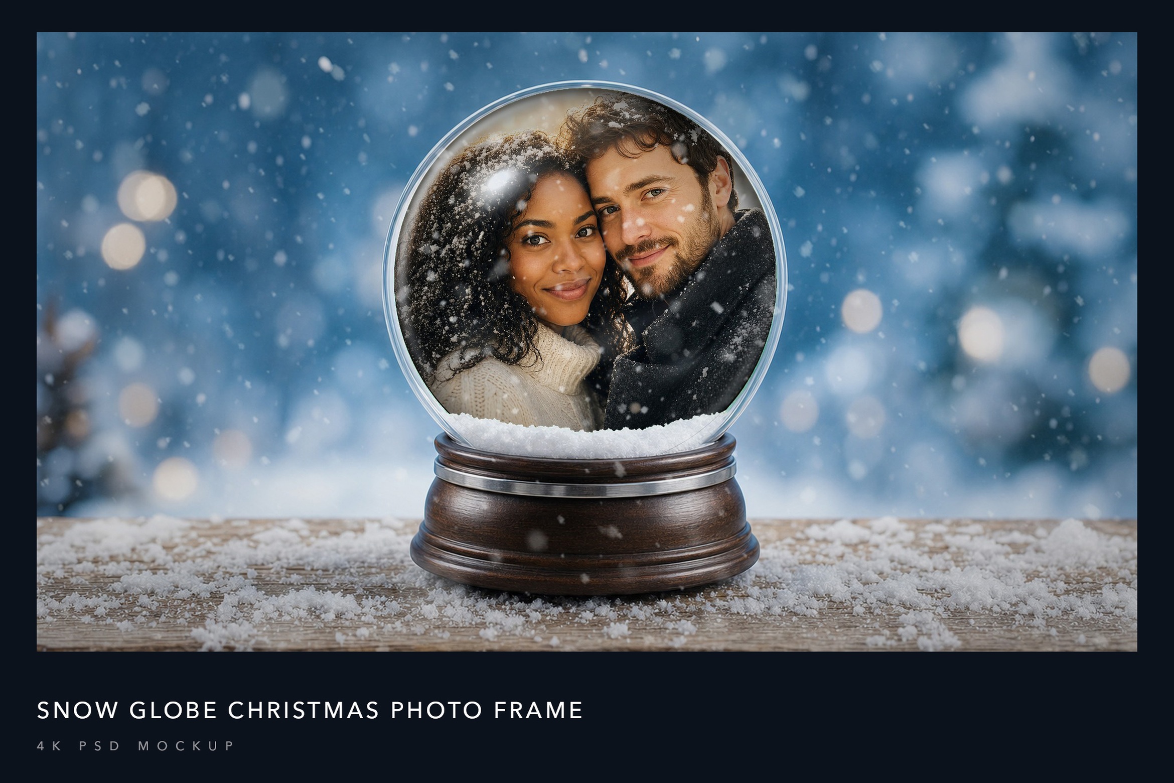 Christmas photo frame with a couple inside a centered snow globe against a snowy blue background