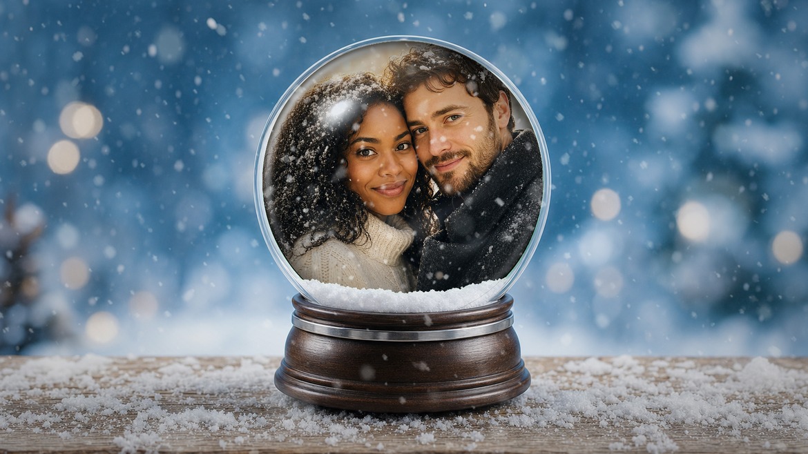Winter photo design with a couple inside a centered snow globe on a snowy table against a blurred blue backdrop
