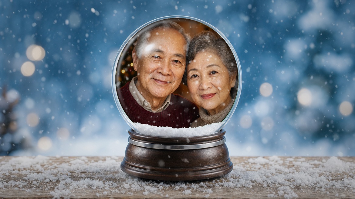 Winter photo design with an older couple inside a centered snow globe against a snowy blue background