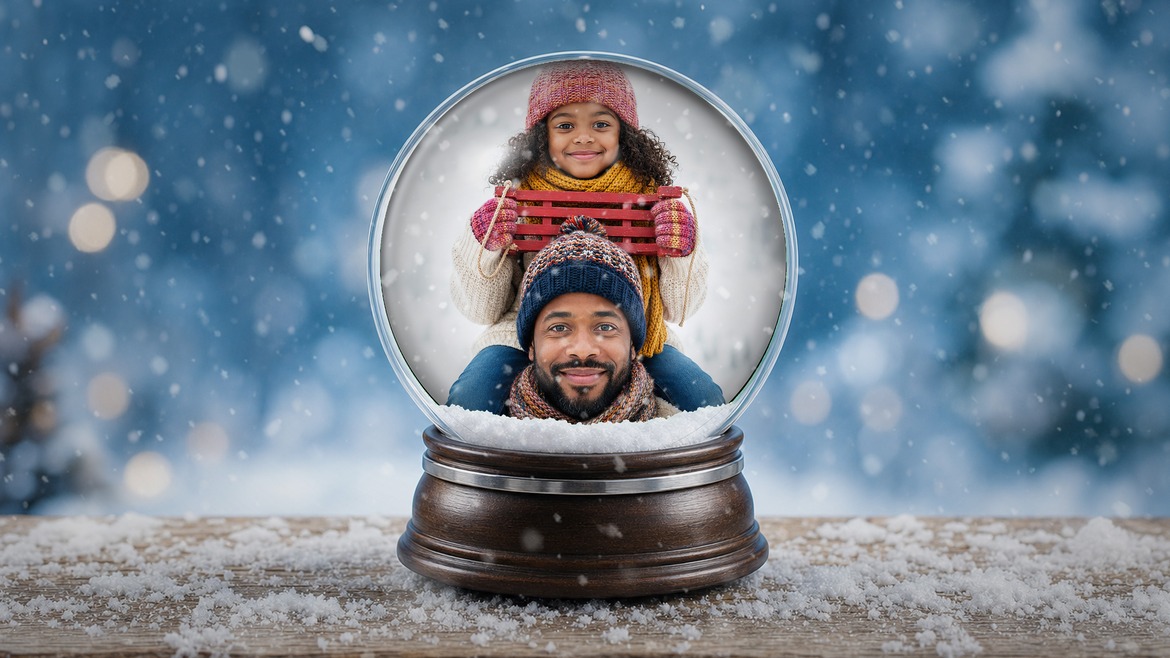 Winter photo composition with a man and child in a centered snow globe against a snowy blue background