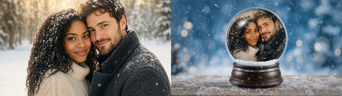Side-by-side winter photo design with a snowy couple portrait and the same couple inside a snow globe