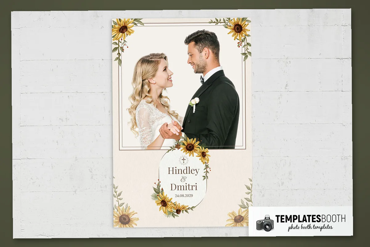 Sunflower wedding photo booth template with cream background, double brown frames and an oval floral name panel