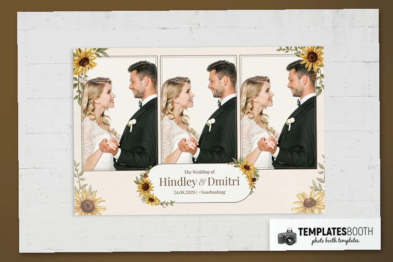 Sunflower Wedding photo booth template: landscape print with three photos and sunflower border on white surface