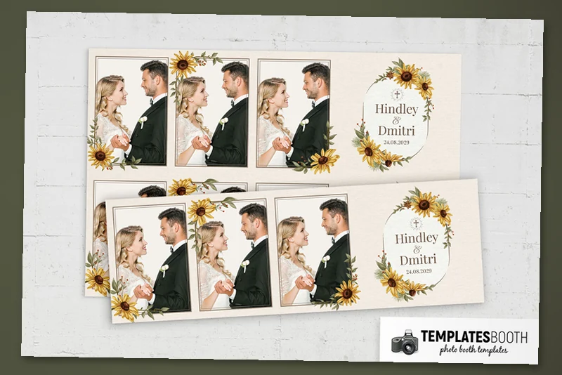 Sunflower Wedding photo booth template: overlapping horizontal strips with three photos and sunflower decorations