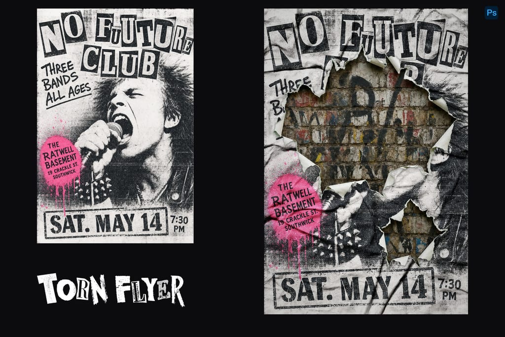 Side-by-side punk concert flyers with cutout type, a singer, pink accents and torn paper revealing brickwork