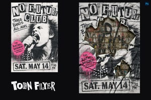 Side-by-side punk concert flyers with cutout type, a singer, pink accents and torn paper revealing brickwork
