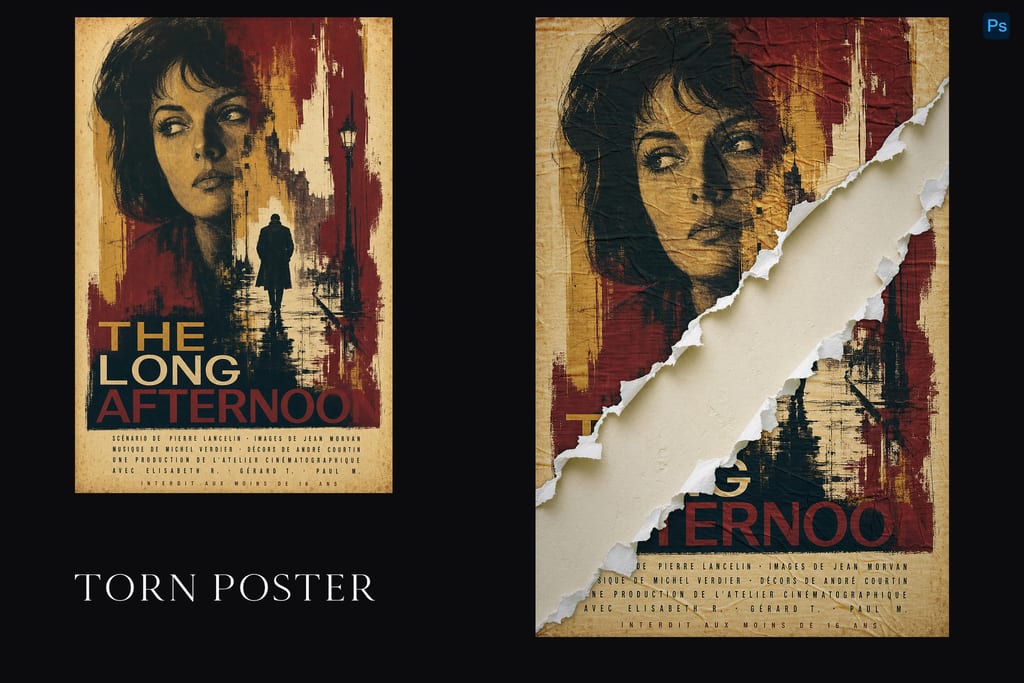 Side-by-side red and ochre film posters with a woman's face, street silhouette and diagonal paper tear