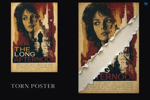 Side-by-side red and ochre film posters with a woman's face, street silhouette and diagonal paper tear