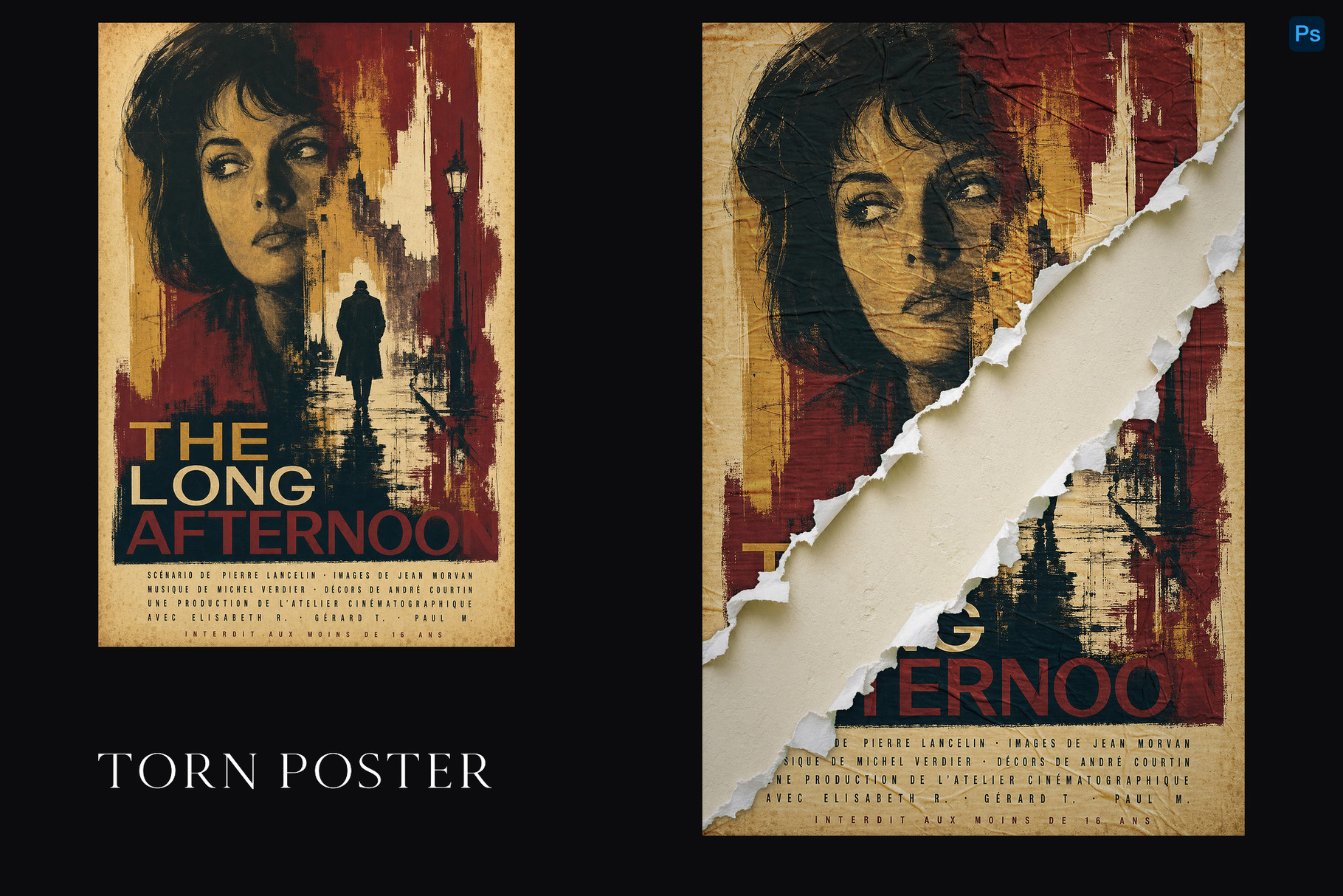 Side-by-side red and ochre film posters with a woman's face, street silhouette and diagonal paper tear