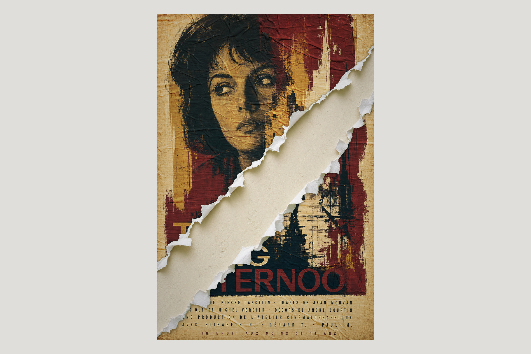 Vintage portrait poster in distressed red, black and ochre with a wide diagonal paper tear