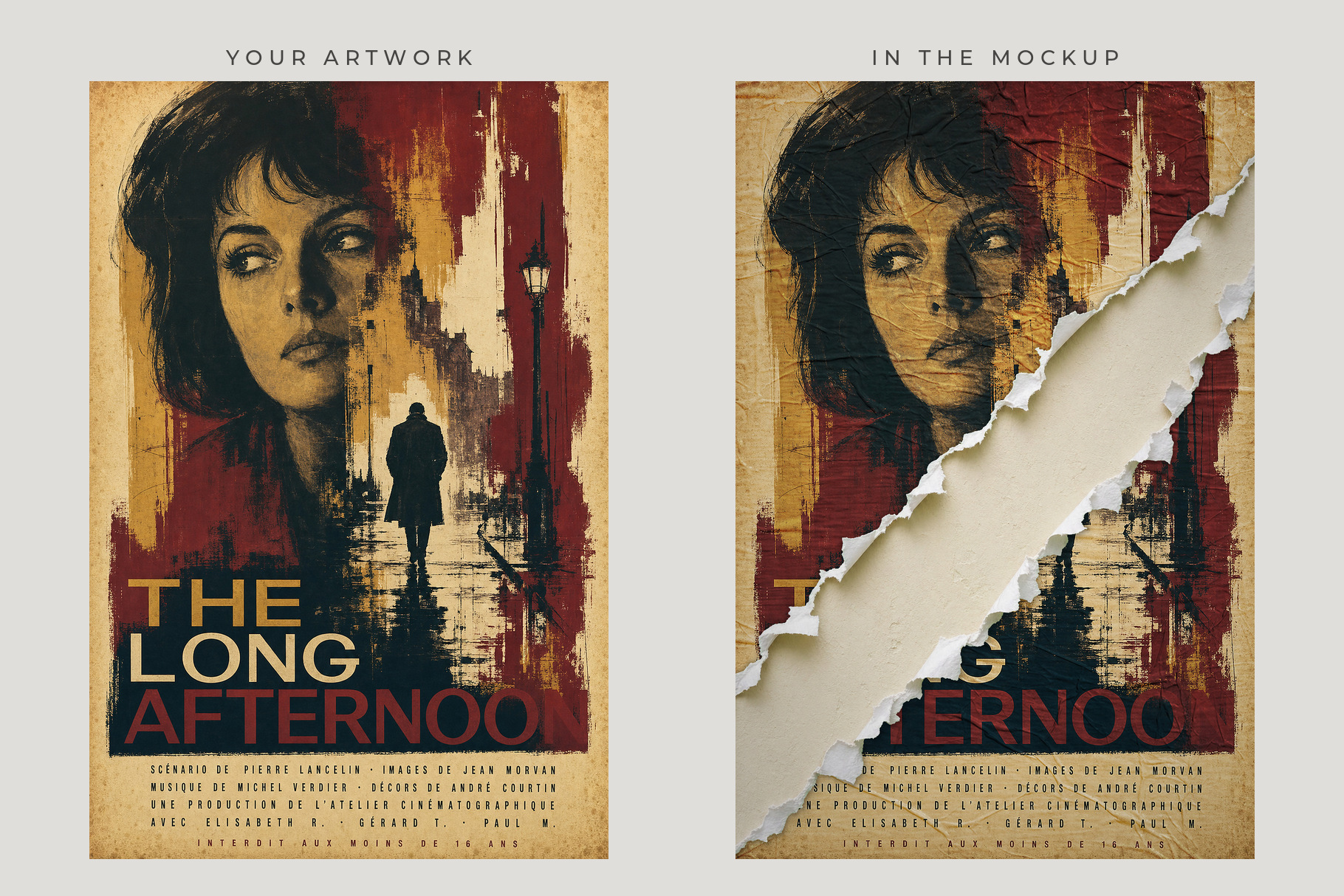 Side-by-side vintage film posters in red and ochre, with a woman's face and a diagonal tear on the right