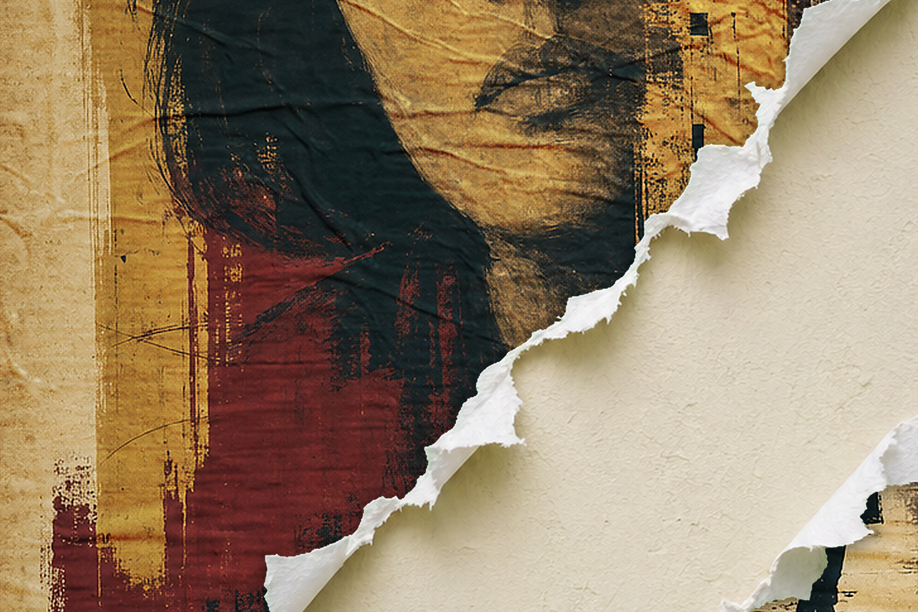Grunge portrait poster in ochre, black and red with a diagonal torn-paper gap revealing a cream wall