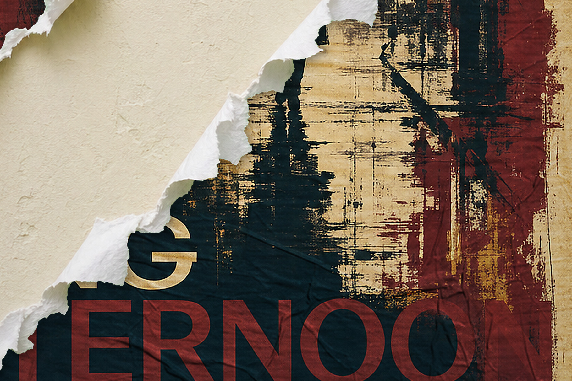 Grunge poster with diagonal torn cream paper, distressed black, gold and red textures, and cropped lettering