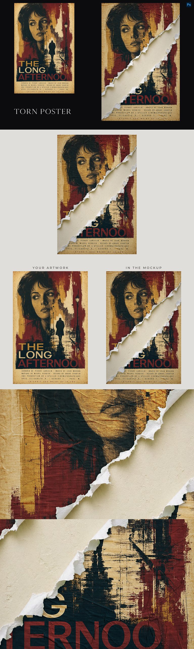 Vintage red-and-gold film poster with a woman's portrait above a street scene and a wide diagonal tear