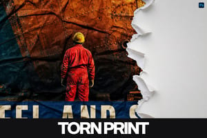 Industrial poster with a red-clad worker, rusted metal backdrop and torn white paper along the right edge