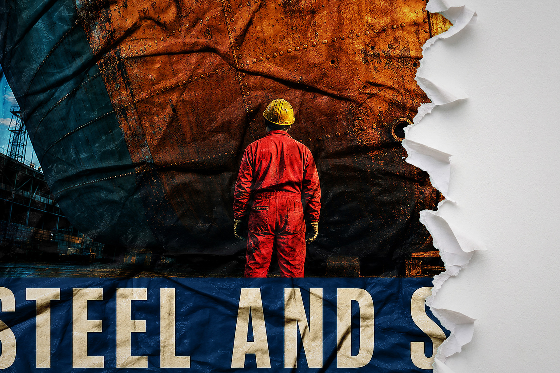 Industrial poster with a red-clad worker, rusty ship hull, bold bottom text and torn white right edge