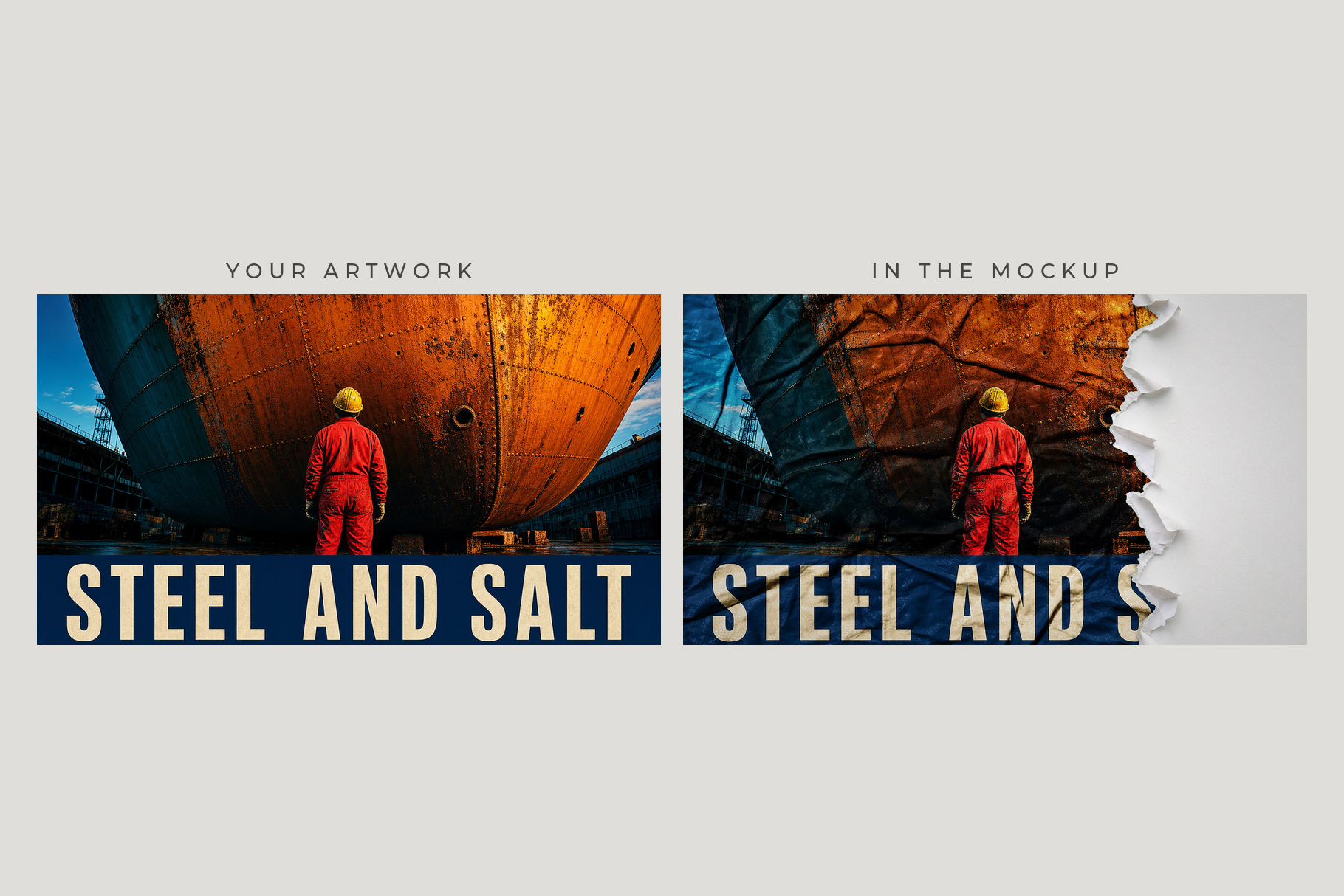 Side-by-side shipyard posters with a red-clad worker, bold cream lettering and a crumpled, torn right panel