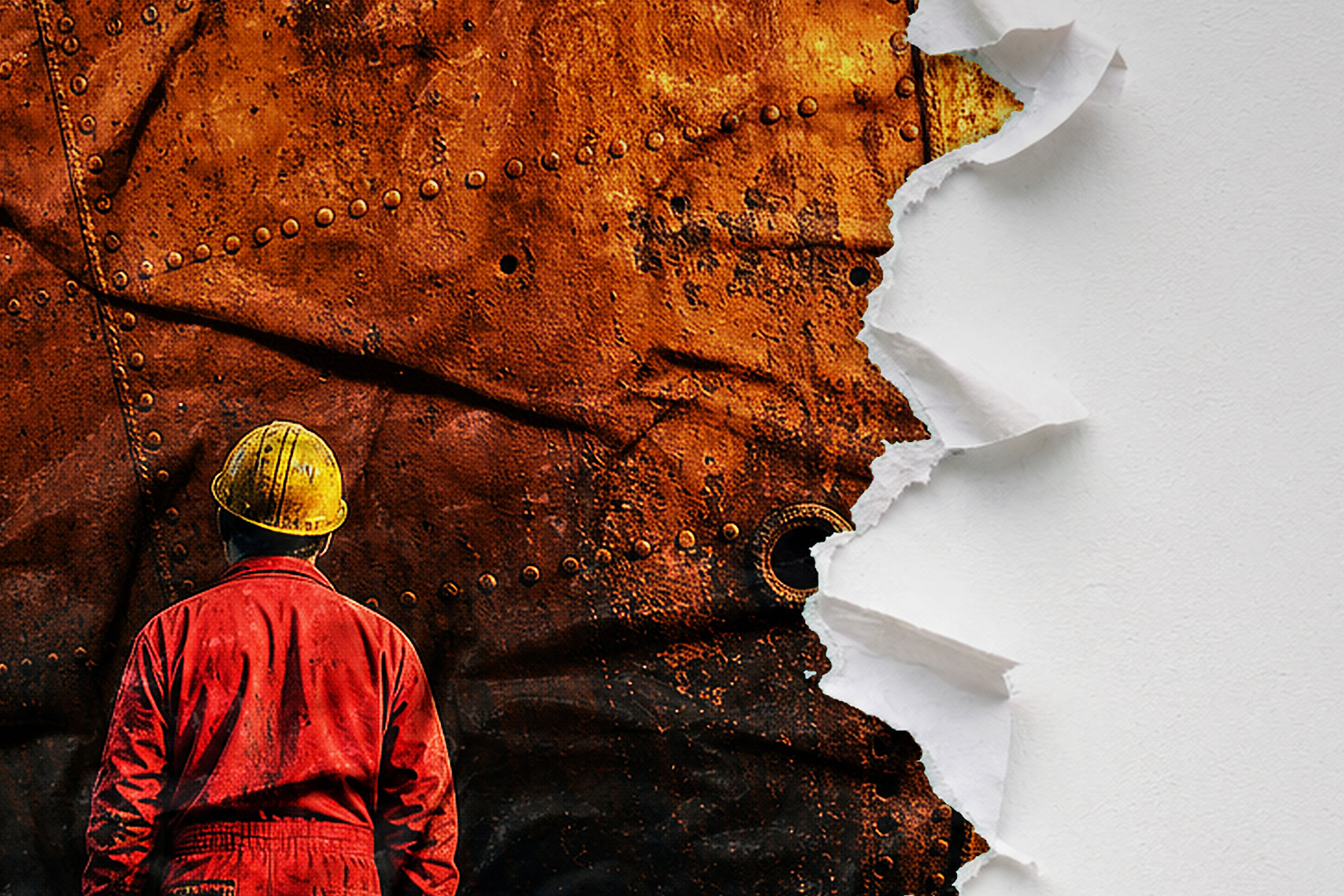Industrial collage with a red-clad worker and rusty riveted metal beside torn white paper on the right