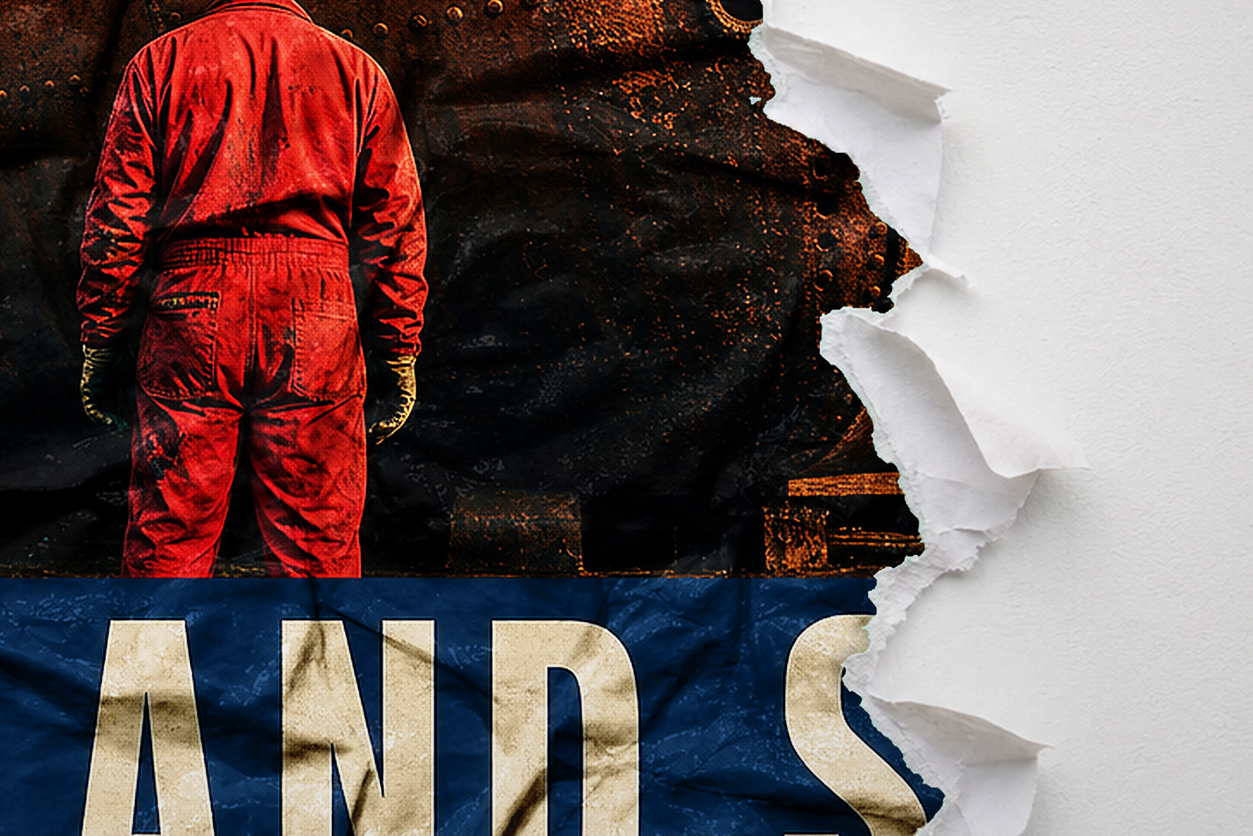 Grungy poster with a red-suited figure, large cream lettering on navy, and a torn white paper edge